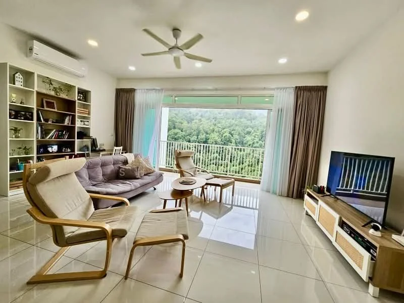 Living features: 5-blade ceiling fan with light, floor-to-ceiling windows, sliding glass door, cream painted walls, white tiled flooring, grey fabric sofa, wooden armchairs, wooden coffee table, TV console with storage, wall-mounted TV, decorative shelving unit, curtains, greenery view; style: modern; view: mountain.