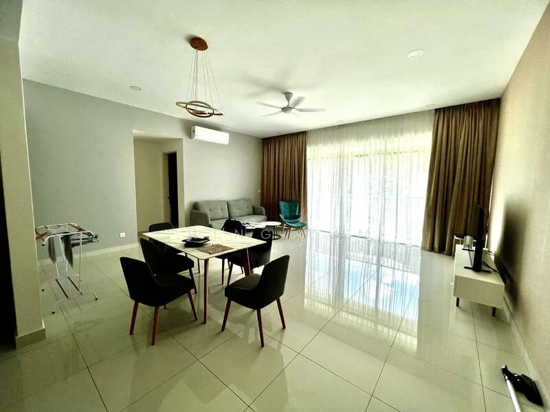 Living features: white painted walls, light grey accent wall, glossy tile flooring, 5-blade ceiling fan with light, recessed downlights, large floor-to-ceiling windows, sheer curtains, dining table with 4 chairs, sofa set, TV console, wall-mounted TV, decorative wall art, area rug; style: modern; view: garden.