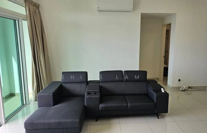 Living features: L-shape sectional sofa in black, floor-to-ceiling windows, curtains, white painted walls, glossy tile flooring, wall-mounted split AC, light switch, visible electrical outlets; style: modern.