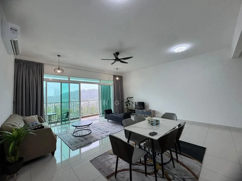 Living features: 3-seater fabric sofa in beige, ceiling fan with light, wall-mounted TV, coffee table, area rug with geometric pattern, floor-to-ceiling windows, sliding glass door, curtains, tile flooring, decorative plant in ceramic pot; style: modern; view: city. Dining features: 6-seater dining table, upholstered dining chairs, decorative centerpiece, tile flooring; style: modern; view: city.