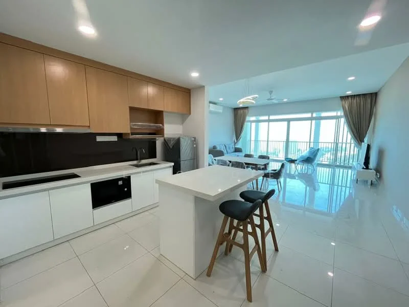 Kitchen features: white cabinetry, wooden upper cabinets, black countertop, built-in oven, stainless-steel fridge, single-bowl stainless-steel sink, chrome pull-down faucet, open kitchen layout, pendant lighting, tile flooring, recessed downlights; style: modern; view: city. Living features: sofa, dining table, 4 dining chairs, floor-to-ceiling windows, curtains, ceiling fan, area rug, TV console; style: modern; view: city.