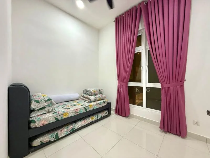 Bedroom features: single bed, floral bedding, floor-to-ceiling window, pink curtains, white painted walls, glossy tile flooring, ceiling fan, wall-mounted light, stacked bedding; style: modern.