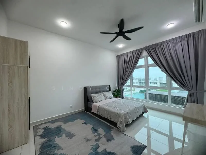 Bedroom features: queen-size bed, upholstered headboard, bedside table, 3-blade ceiling fan, floor-to-ceiling windows, grey curtains, white painted walls, glossy tile flooring, area rug with abstract pattern, built-in wardrobe; style: modern; view: garden.