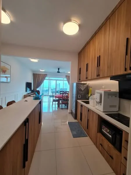 Kitchen features: light wood cabinetry, white quartz countertop, stainless-steel sink, chrome pull-down faucet, built-in microwave, freestanding range oven, black refrigerator, ceramic tile flooring, recessed downlights, open shelving, wall-mounted TV, dining table with chairs visible in background, sliding glass door leading to balcony, curtains, blue area rug; style: modern; view: city.