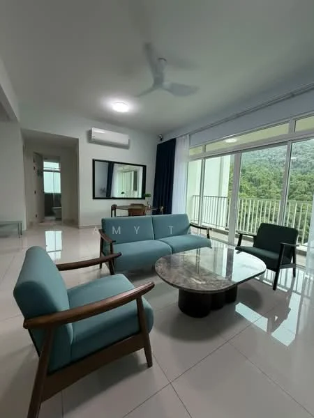 Living features: light blue fabric sofa, 2-seater sofa, marble coffee table, wooden armchairs, ceiling fan, floor-to-ceiling windows, sliding glass door, white painted walls, glossy tile flooring, decorative mirror, curtains, greenery view; style: modern; view: garden.