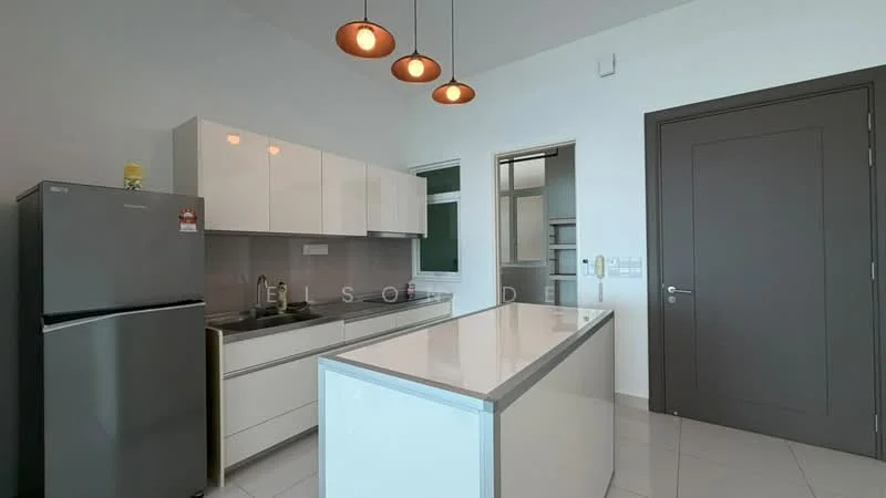 Kitchen features: white cabinetry with flat-panel doors, stainless-steel fridge, single-bowl stainless-steel sink, chrome pull-down faucet, white quartz countertop, pendant lighting with three bulbs, ceramic tile flooring, window for natural light, built-in oven, kitchen island with seating area; style: modern.