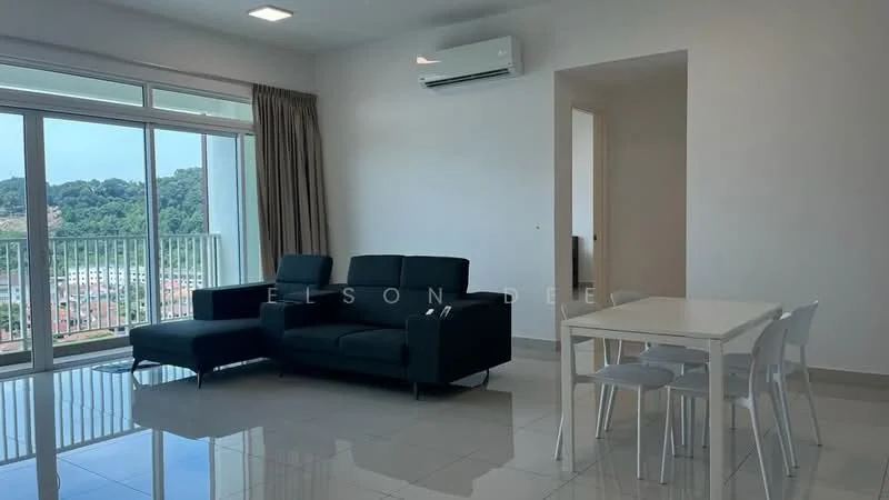 Living features: 3-seater fabric sofa in black, 1-seater fabric chair in black, white dining table for 4, 4 white dining chairs, floor-to-ceiling windows, sliding glass door, curtains, wall-mounted split AC, recessed downlights, glossy tile flooring, neutral painted walls; style: modern; view: city.