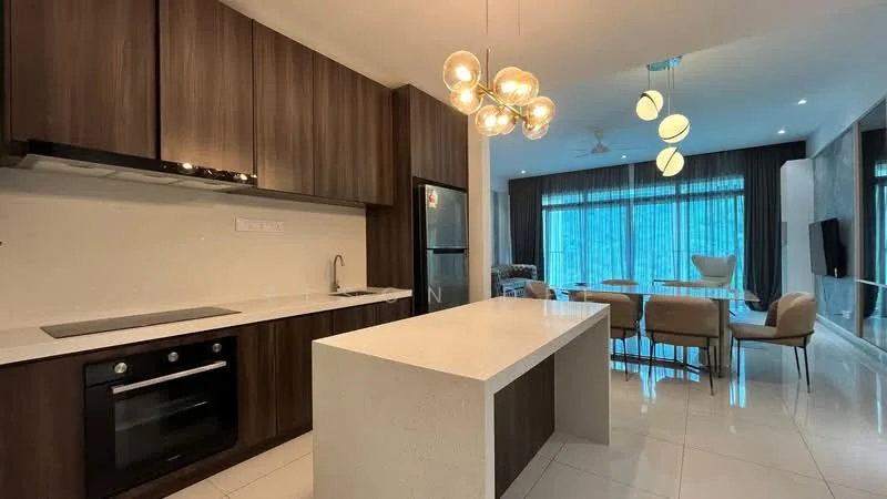 Kitchen features: white quartz countertop, dark wood cabinetry, built-in oven, stainless-steel fridge, single-bowl stainless-steel sink, chrome pull-down faucet, pendant lighting, recessed downlights, ceramic tile flooring, open-plan layout to dining area, floor-to-ceiling windows, view of living area; style: modern; view: city.