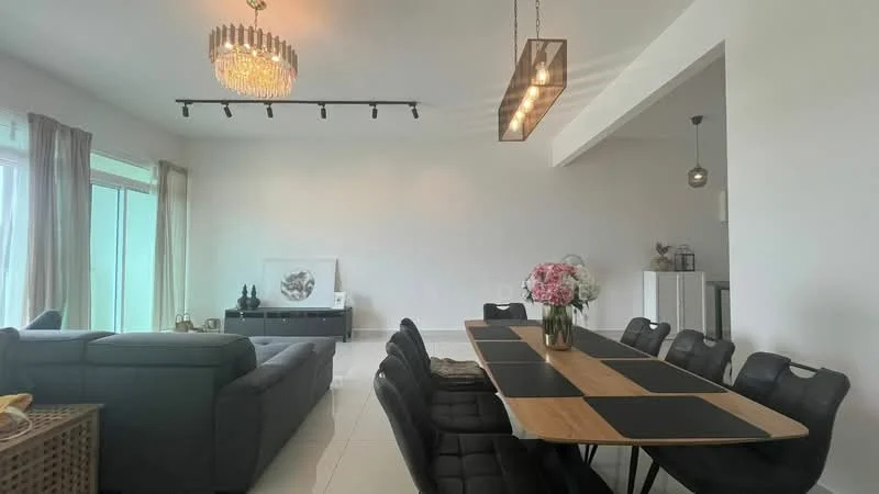 Living features: 3-seater fabric sofa in grey, coffee table, TV console, wall-mounted TV, chandelier, recessed LED downlights, floor-to-ceiling windows, curtains, dining table with black placemats, 8 dining chairs, decorative vase with flowers, light fixture above dining table, white painted walls, tile flooring; style: modern.