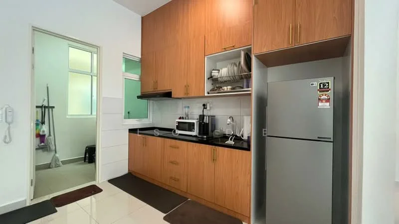 Kitchen features: wood cabinetry in light brown, black granite countertop, stainless-steel fridge, built-in microwave, electric kettle, single-bowl stainless-steel sink, chrome pull-down faucet, ceramic tile flooring, white tiled backsplash, wall-mounted kitchen cabinet, under-cabinet lighting; style: modern. Room features: white painted walls, doorway leading to another room, window with natural light.