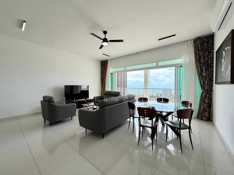 Living features: 5-blade ceiling fan with light, sofa in grey fabric, coffee table, wall-mounted TV, TV console, dining table with chairs, floor-to-ceiling windows, curtains with floral pattern, white painted walls, glossy tile flooring, air conditioning unit; style: modern; view: sea.