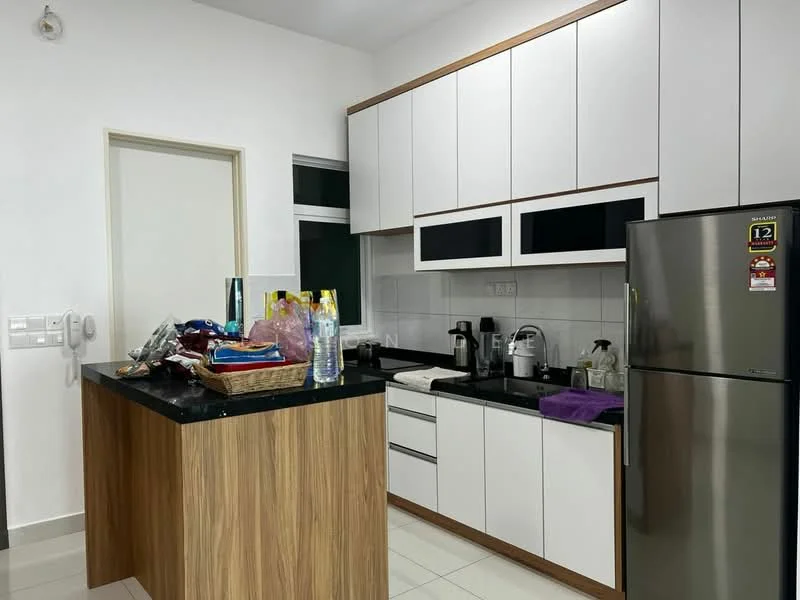 Kitchen features: white flat-panel cabinets, black granite countertop, stainless-steel fridge, built-in oven, sink, kitchen island with storage, ceramic tile flooring, window with view, various kitchen appliances, basket with items on countertop; style: modern.