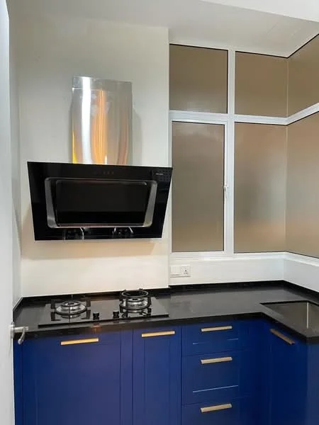 Kitchen features: black granite countertop, blue cabinetry with gold handles, stainless-steel range hood, built-in oven, 2-burner gas hob, glass window with frosted panels, wall-mounted cabinets, under-cabinet lighting; style: modern.