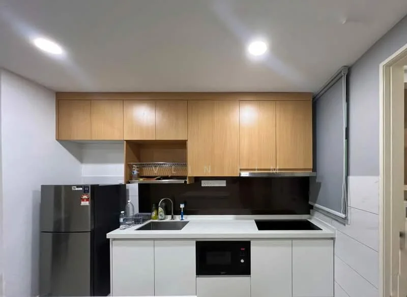 Kitchen features: white quartz countertop, single-bowl stainless-steel sink, chrome pull-down faucet, built-in microwave, freestanding fridge, wood cabinetry, black backsplash, under-cabinet lighting, 2-burner induction hob, open shelving, dish rack, wall-mounted cabinet; style: modern.