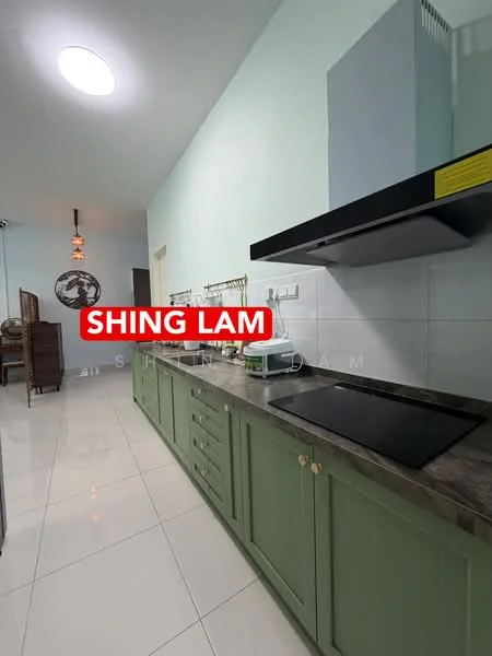 Kitchen features: green cabinetry, marble countertop, stainless-steel sink, built-in stove, exhaust hood, white tiled backsplash, white walls, glossy tile flooring, pendant light fixture; style: modern.