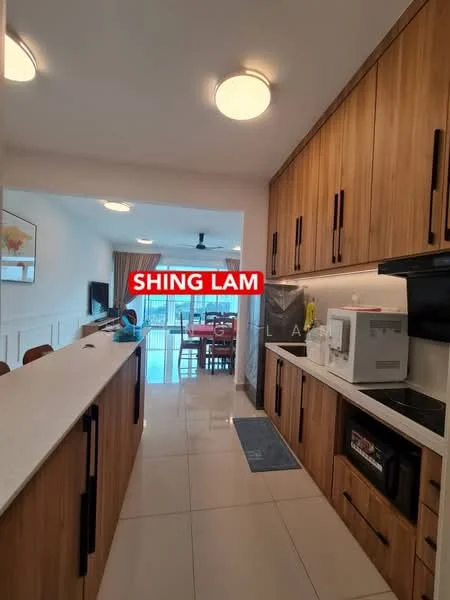 Kitchen features: wood cabinetry, white countertop, stainless-steel sink, built-in microwave, freestanding oven, ceramic tile flooring, recessed ceiling lights, ceiling fan, open layout, glass sliding door, window with view, decorative wall art; style: modern; view: garden.