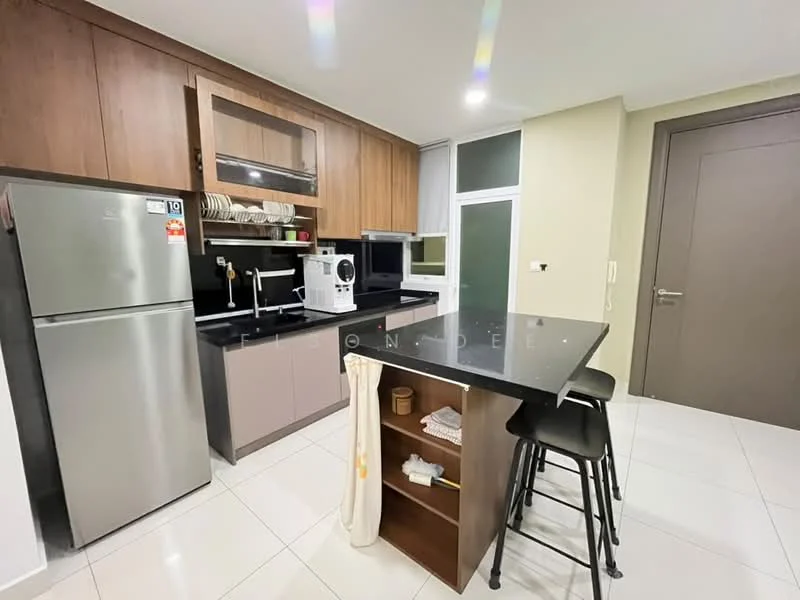 Kitchen features: stainless-steel fridge, built-in microwave, black countertop, wood cabinetry, white ceramic tile backsplash, single-bowl stainless-steel sink, chrome pull-down faucet, 4-burner gas hob, bar stools, open shelving, white walls, recessed downlights, floor tiles, window for natural light; style: modern.
