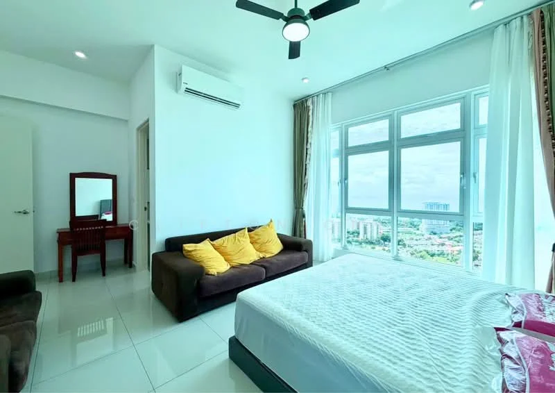 Bedroom features: king-size bed, upholstered headboard, 2 bedside lamps, 3-seater fabric sofa in dark brown, 4 yellow throw pillows, floor-to-ceiling windows, city view, white painted walls, white ceiling, recessed downlights, 1 wall-mounted split AC, mirror with wooden frame, white tile flooring; style: modern; view: city.