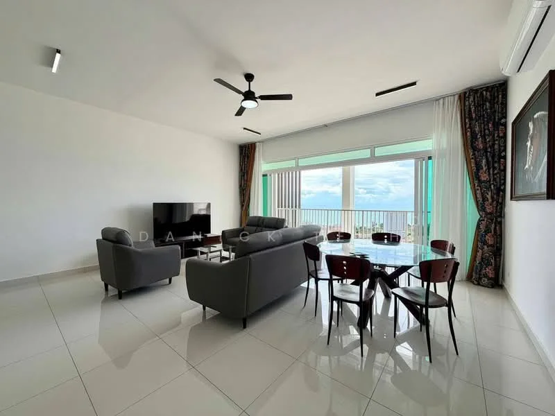 Living features: 3-seater fabric sofa in grey, 2-seater fabric sofa in grey, glass coffee table, TV console, wall-mounted TV, dining table with 6 chairs, floor-to-ceiling windows, curtains with floral pattern, recessed downlights, white painted walls, glossy tile flooring, ceiling fan; style: modern; view: city.