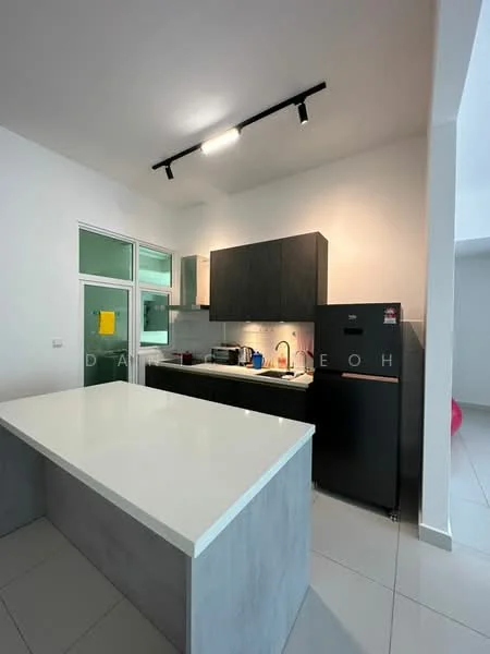 Kitchen features: white quartz countertop, dark wood cabinetry, stainless-steel fridge, built-in oven, ceramic cooktop, single-bowl stainless-steel sink, chrome pull-down faucet, tile backsplash, track lighting, grey tile flooring, window with green view; style: modern.