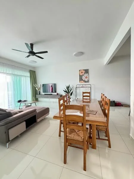Dining features: 6-seater dining table, wooden dining chairs, pendant light, white walls, ceramic tile flooring, floor-to-ceiling windows with sheer curtains, greenery view, decorative wall art; style: modern; view: garden. Living features: L-shape sectional sofa in grey, coffee table, wall-mounted TV, TV console, white walls, ceramic tile flooring, ceiling fan, decorative plants; style: modern; view: garden.