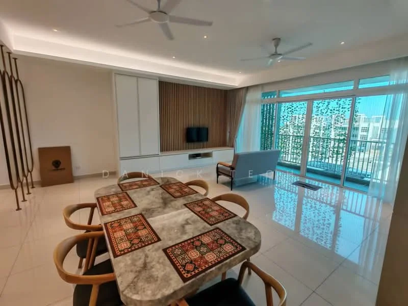 Living features: marble tile flooring, white painted walls, wood accent wall, floor-to-ceiling windows, sliding glass door, sheer curtains, 3-blade ceiling fan, wall-mounted TV, sofa in grey, 6-seater dining table, decorative table mats; style: modern; view: city.