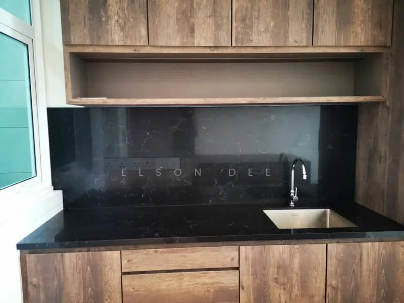 Kitchen features: black granite countertop, wood cabinetry, single-bowl stainless-steel sink, chrome pull-down faucet, black backsplash, open shelving above countertop, drawer storage, cabinets with wood finish; style: modern.