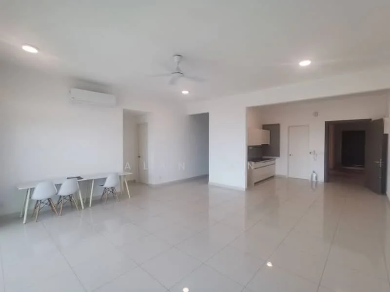 Living features: white painted walls, glossy ceramic tile flooring, 5-blade ceiling fan with light, wall-mounted split AC, dining table with white chairs, open layout, kitchen area visible, recessed lighting; style: modern.
