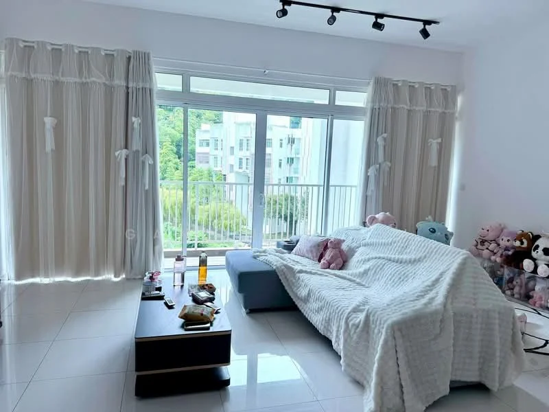 Living features: white walls, white curtains, floor-to-ceiling windows, sliding glass door, grey fabric sofa, coffee table, decorative plush toys, tile flooring, track lighting; style: modern; view: garden.
