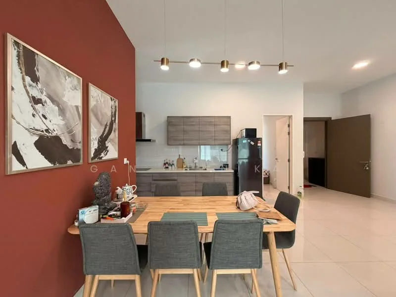 Dining features: wooden dining table, 4 upholstered dining chairs, red accent wall, white walls, recessed ceiling lights, ceramic tile flooring, kitchen cabinetry with grey finish, stainless-steel fridge, kitchen countertop, decorative wall art; style: modern. Kitchen features: grey cabinetry, kitchen countertop, stainless-steel fridge; style: modern.