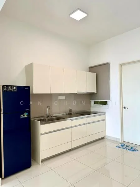 Kitchen features: white cabinetry with flat-panel doors, stainless-steel sink, chrome pull-down faucet, built-in oven, stainless-steel refrigerator, white tiled backsplash, white walls, recessed ceiling lights, ceramic tile flooring; style: modern.