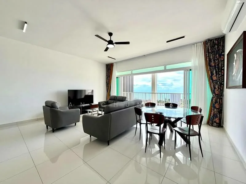 Living features: 5-blade ceiling fan with light, floor-to-ceiling windows, grey fabric sofa, 2-seater grey sofa, glass dining table, 4 wooden dining chairs, white painted walls, polished tile flooring, curtains with floral pattern, wall-mounted TV, decorative artwork, air conditioning unit; style: modern; view: sea.