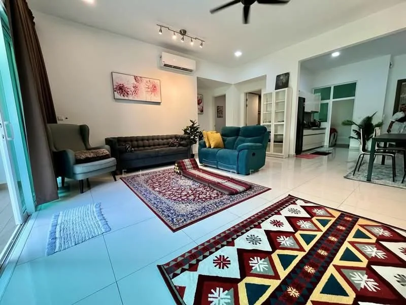 Living features: grey fabric 3-seater sofa, blue fabric armchair, black tufted sofa, area rug with geometric pattern, area rug with floral pattern, white painted walls, recessed downlights, ceiling fan, floor-to-ceiling sliding glass door, curtains, decorative wall art, coffee table, dining area visible in background; style: modern; view: garden.