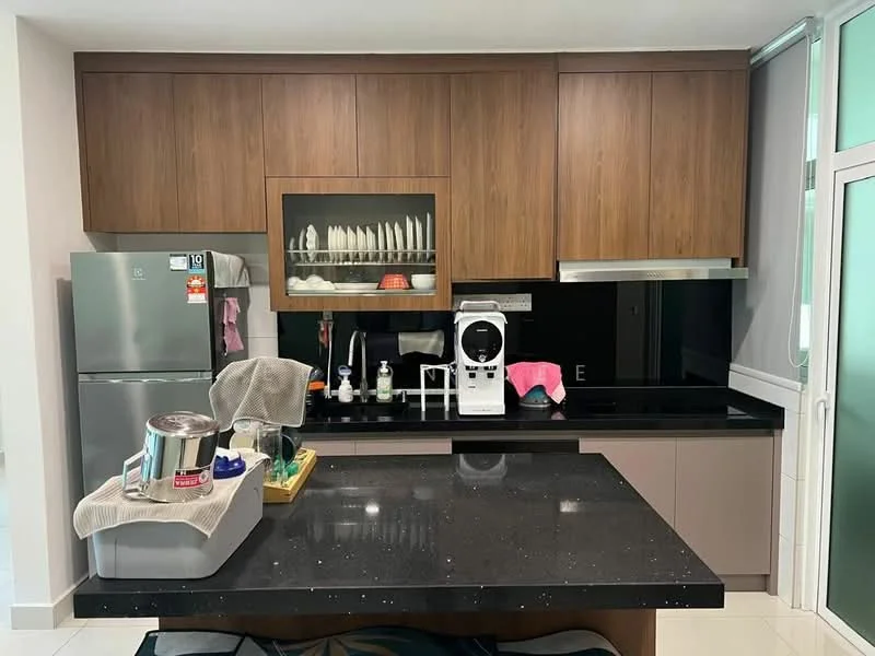 Kitchen features: dark granite countertop, wood cabinetry, stainless-steel fridge, built-in oven, stainless-steel range hood, black backsplash, kitchen island with seating, sink, coffee machine, dish soap dispenser, kitchen utensils, decorative items on countertop; style: modern.