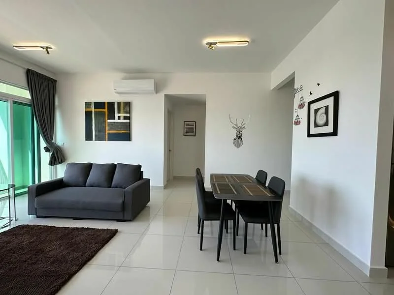 Living features: grey fabric sofa, 4-seater dining table, black dining chairs, white painted walls, tile flooring, recessed ceiling lights, wall-mounted air conditioning unit, decorative wall art, area rug with brown color, floor-to-ceiling windows with green view; style: modern; view: garden.