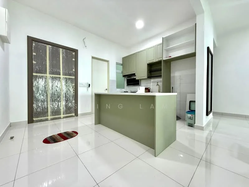 Kitchen features: green cabinetry, white countertop, stainless-steel sink, built-in oven, freestanding range oven, white tiled backsplash, recessed downlights, ceramic tile flooring, open shelving, kitchen island, window, fridge, wall-mounted split AC; style: modern.