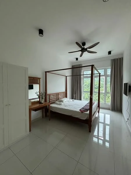 Bedroom features: four-poster bed, white bedding, wooden bedside table, mirror on the table, built-in wardrobe with white doors, floor-to-ceiling windows, grey curtains, ceiling fan with light, white walls, glossy tile flooring; style: modern; view: garden.