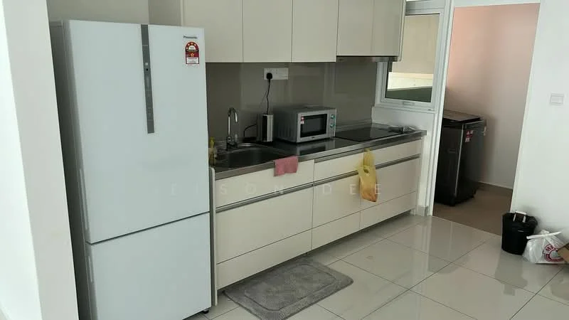 Kitchen features: white cabinetry, black countertop, stainless-steel fridge, built-in microwave, single-bowl stainless-steel sink, chrome pull-down faucet, ceramic tile flooring, wall-mounted cabinets, kitchen towel hanging, dish drying mat, window above sink; style: modern.