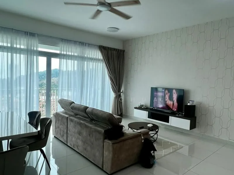 Living features: 3-seater fabric sofa in grey, coffee table, wall-mounted TV, TV console in white, floor-to-ceiling windows, sheer curtains, decorative wall with geometric pattern, recessed downlights, ceiling fan, marble tile flooring; style: modern; view: mountain.