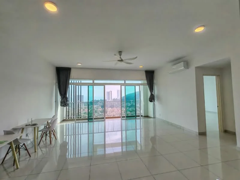 Living features: white painted walls, glossy ceramic tile flooring, 5-blade ceiling fan with light, floor-to-ceiling windows, sliding glass door, sheer curtains, air conditioning unit, recessed downlights, dining table with chairs, open layout, city view; style: modern; view: city.