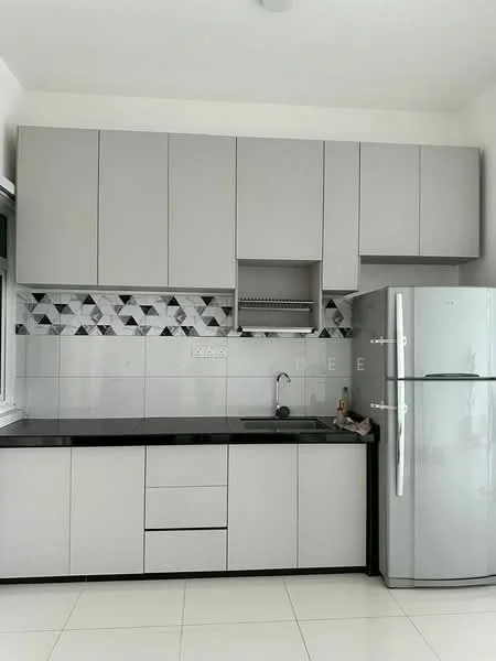Kitchen features: grey cabinetry, black countertop, stainless-steel fridge, single-bowl stainless-steel sink, chrome pull-down faucet, white tiled backsplash with geometric pattern, ceramic tile flooring, wall-mounted cabinets, open shelving, built-in oven; style: modern.