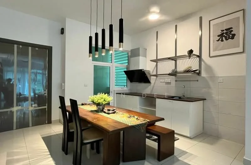 Kitchen features: white cabinetry, wood dining table, 4 black dining chairs, black pendant lights, stainless-steel range hood, built-in oven, ceramic tile backsplash, white tiled walls, grey tiled flooring, open shelving, kitchen sink, window with green view; style: modern; view: garden.