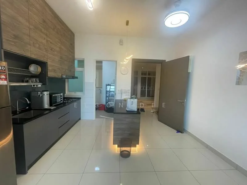 Kitchen features: black cabinetry, wooden wall panels, stainless-steel appliances, built-in oven, microwave, kitchen island with lighting, white tiled flooring, recessed ceiling lights, pendant light, open layout, countertop with overhang; style: modern.