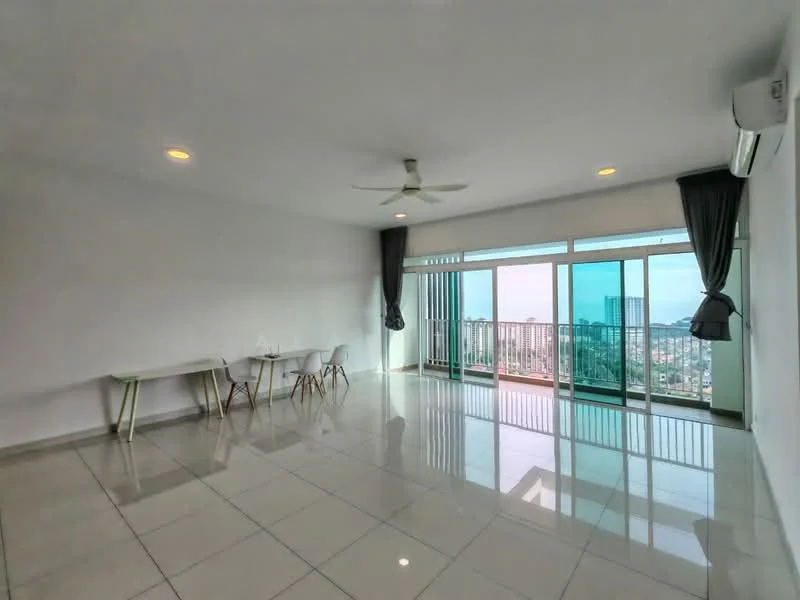 Living features: white painted walls, glossy ceramic tile flooring, tray ceiling with recessed lighting, 5-blade ceiling fan, floor-to-ceiling windows, sliding glass door, sheer curtains, dining table with 4 chairs, city view, air conditioning unit; style: modern; view: city.