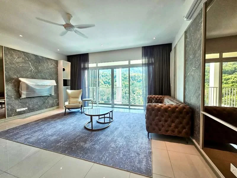 Living features: 3-seater brown leather sofa, armchair in cream fabric, round coffee table with metal base, large area rug in grey, floor-to-ceiling windows, curtains in dark fabric, wall-mounted TV, feature wall with stone cladding, recessed downlights, ceiling fan, white tiled flooring, mirrored cabinet; style: modern; view: mountain.