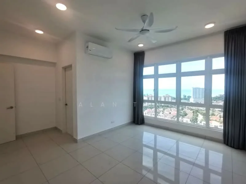 Living features: floor-to-ceiling windows, white painted walls, ceramic tile flooring, 5-blade ceiling fan with light, curtains, air conditioning unit, city view; style: modern; view: city.