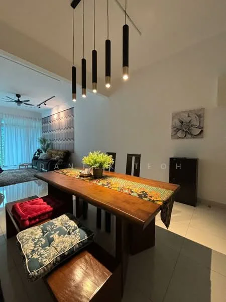 Dining features: wooden dining table, 6-seater dining table, black dining chairs, pendant lighting with multiple bulbs, decorative table runner, houseplants in ceramic pots, area rug with geometric pattern, wall-mounted artwork, large windows with sheer curtains, ceiling fan with light; style: modern.