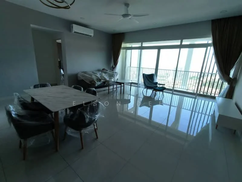 Living features: large floor-to-ceiling windows, grey painted walls, white ceiling, 5-blade ceiling fan, marble tile flooring, dining table with marble top, 4 upholstered dining chairs, 1 blue accent chair, curtains, TV console, open layout, balcony access; style: modern; view: city.