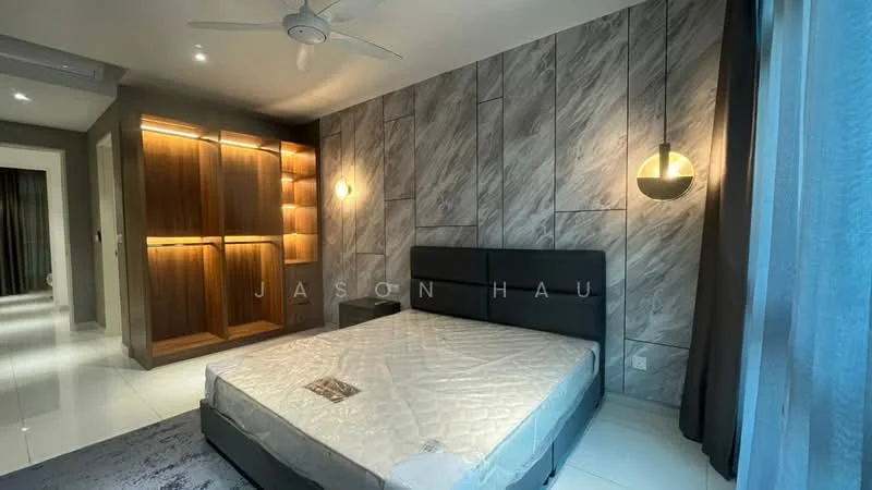 Bedroom features: king-size bed, upholstered headboard, wooden bedside table, built-in wardrobe with wood finish, grey accent wall with textured finish, white painted walls, recessed downlights, ceiling fan, floor-to-ceiling windows with sheer curtains, marble tile flooring, decorative wall sconce; style: modern.