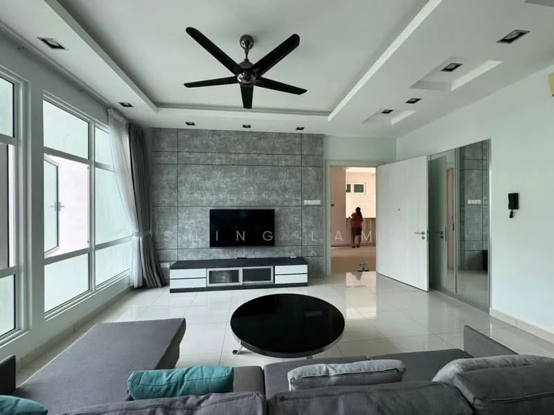 Living features: grey accent wall, white painted walls, recessed downlights, 5-blade ceiling fan with light, floor-to-ceiling windows, sliding glass door, large coffee table, L-shape sectional sofa in grey, TV console with storage, wall-mounted TV, marble tile flooring, curtains, decorative wall paneling; style: modern.